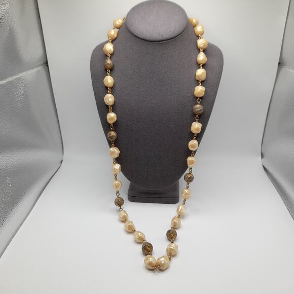 Vintage Wire Wrapped Beaded Necklace, Beige Pearled Gold Rope Beads, 36" - Picture 5 of 12